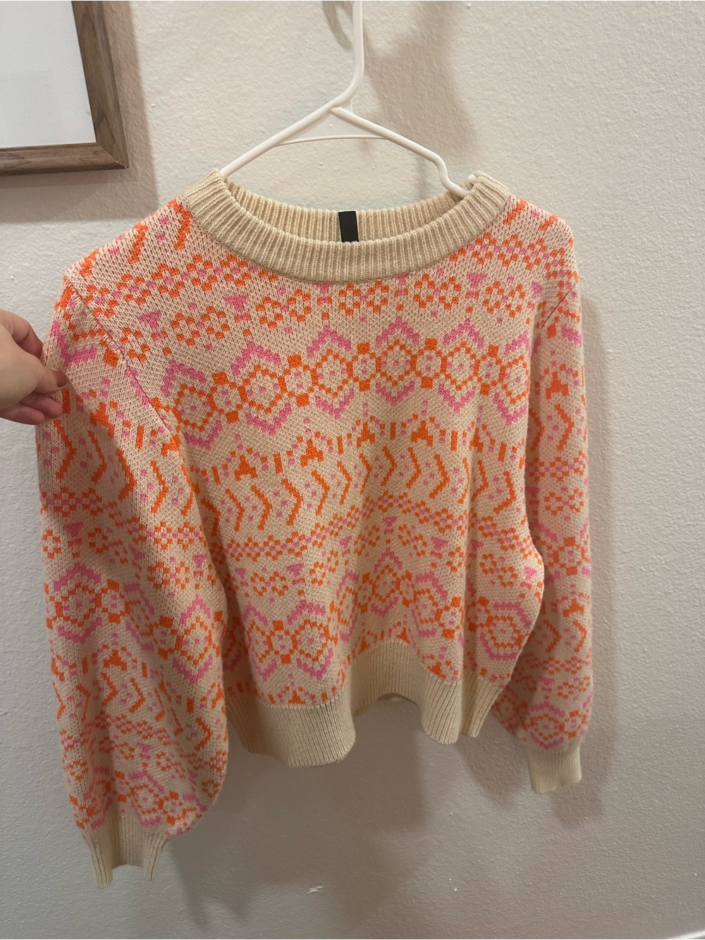 Divided Cream Crewneck Sweater with Pink & Orange Fair Isle